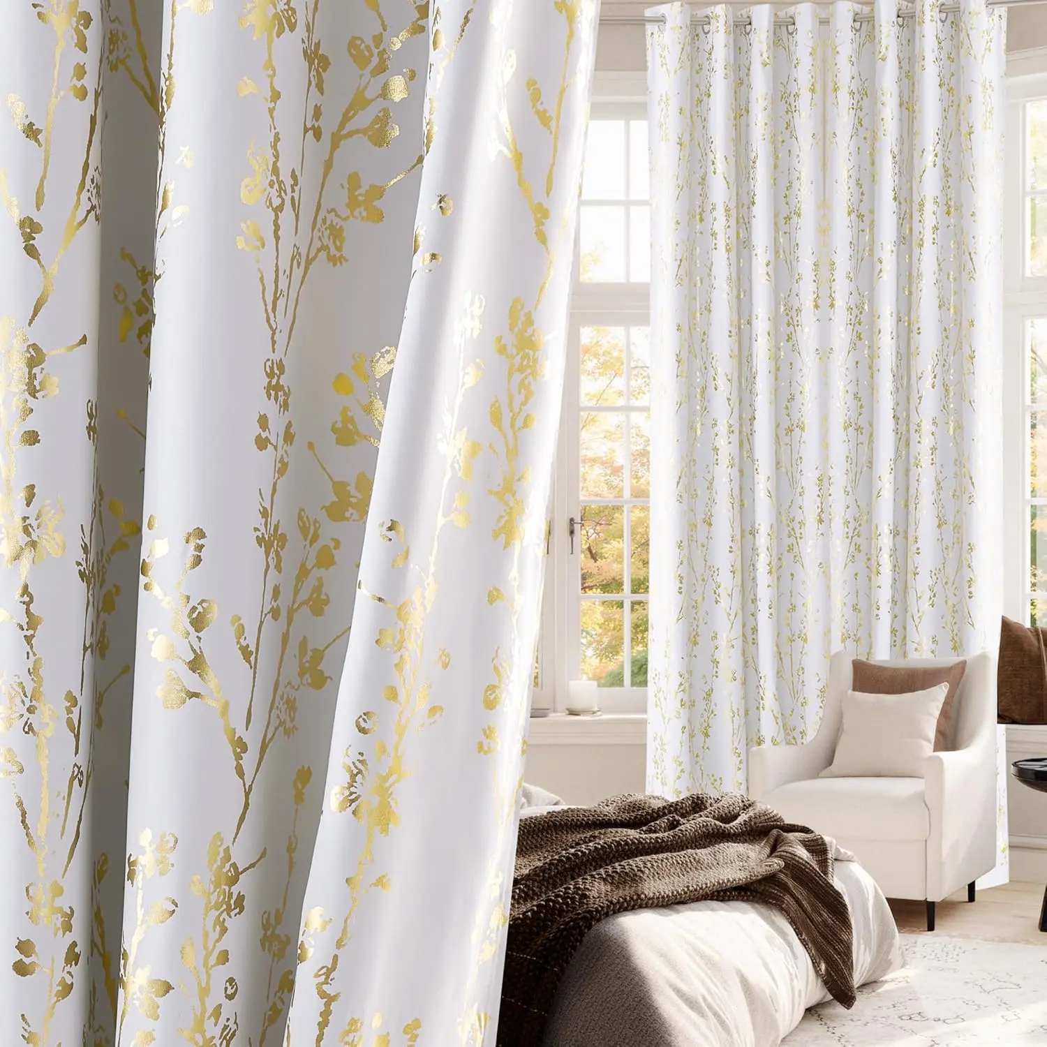 NICETOWN Gold Foil Printed Vintage Floral Gold Curtains, 100% Blackout Room Darkening Luxury Grommet Thermal Drapes, Greyish White, W52 x L96, 2 Panels for Bedroom, Do Not Bleach, Room Darkening Curtains, Luxury Curtains