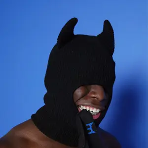 BondMen Black Knitted Devil Beanie - Stylish & Warm Hat for Winter Adventures