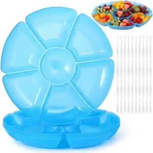 4 count Sectional Heavyweight Plastic Divided Plates Serving Trays with 40 Disposable Forks 10.6" 7 Section Round Chip Dip Plate Snack  Platter for Nut Candy Veggie Fruit (Blue)