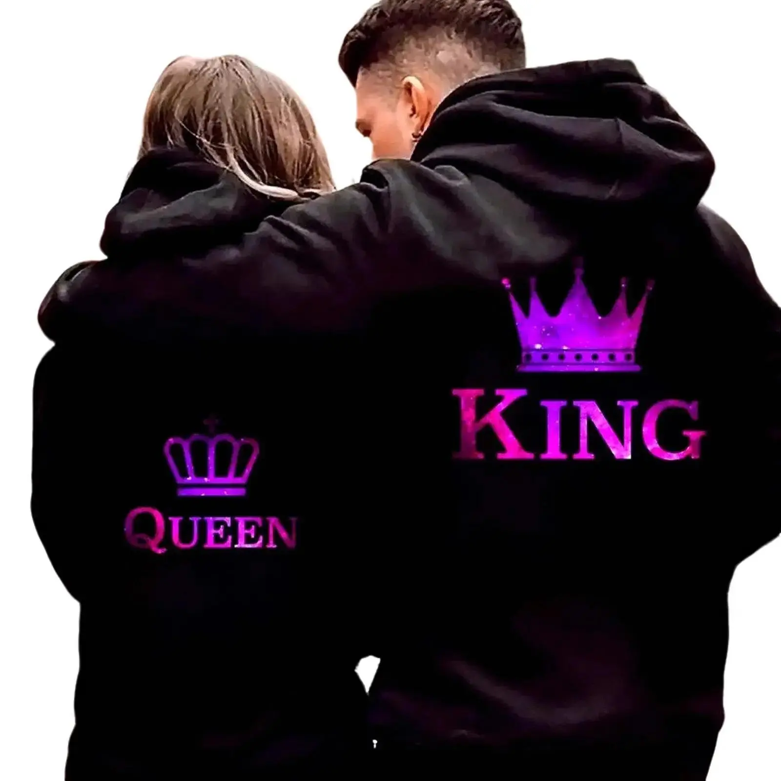 Women's Men's Unisex Purple King-Queen Couple Matching Ribbed Seamless Fabric Yarn Hoodies Pullover with Pocket, Perfect Anniversary Gift Clothes, Long Sleeve, Cotton, Fitted, Cotton Blend