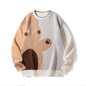 Men  Crew Neck Cute Winking Bear Color Block Knit Sweater Loose Fit Cartoon Teddy Bear Graphic Pullover Jumper Kawaii Casual Warm Knit Top for Fall Winter Daily Street Outfits