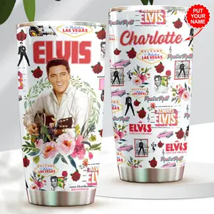 Personalized Elvis Presley Floral 20oz Tumbler, Custom Name Rock and Roll Travel Mug Gift