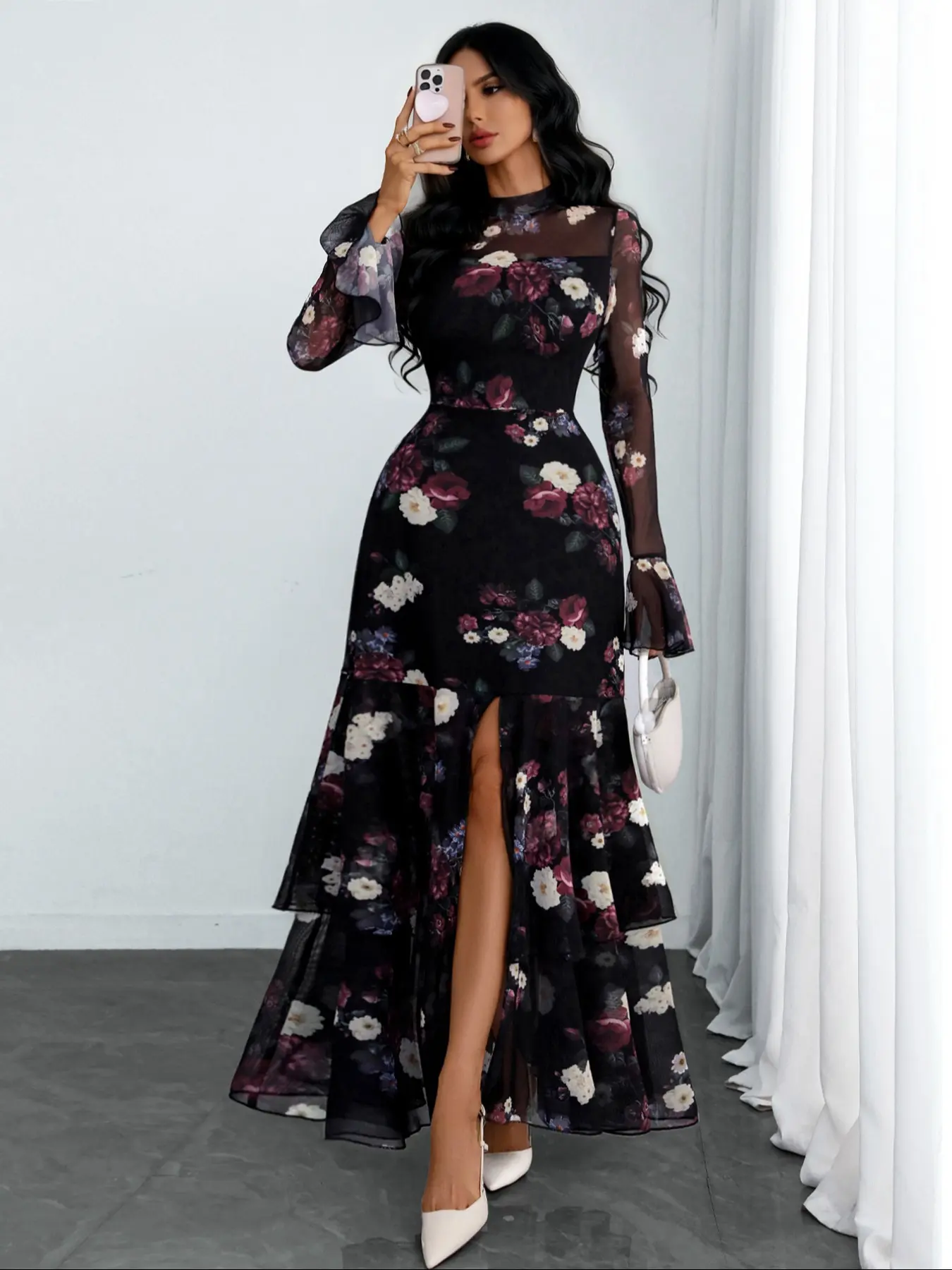Women's Sexy Romantic Feminine Slit Waist Fitted Floral Bodycon Print Mesh  Dress, Chic Elegant Floral Patchwork Long Sleeve A-Line Skirt, Summer  Fashion Casual Wear, Womenswear, Floral Pattern Dress - TikTok Shop