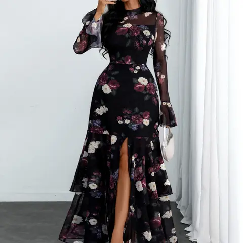 Women's Feminine Sexy Romantic Slit Waist Print Mesh Dress, Evening Party Dresses, Date Night Dresses, Elegant Chic Floral Patchwork Long Sleeve A-Line Skirt, Summer Fashion Casual Wear