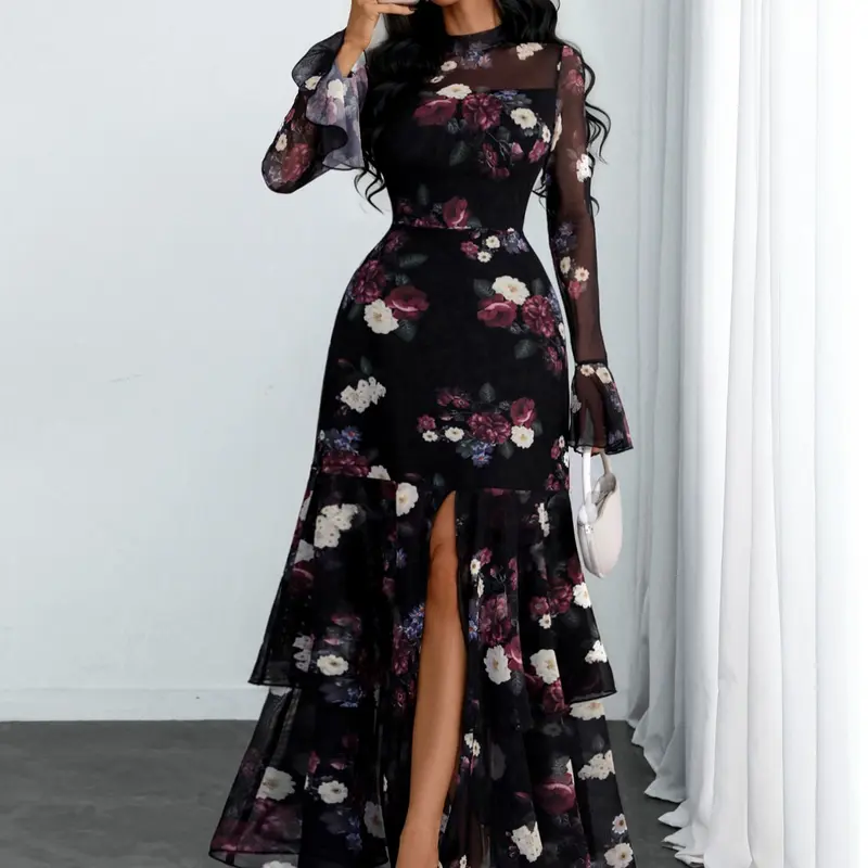 Women's Feminine Sexy Romantic Slit Waist Print Mesh Dress, Evening Party Dresses, Date Night Dresses, Elegant Chic Floral Patchwork Long Sleeve A-Line Skirt, Summer Fashion Casual Wear
