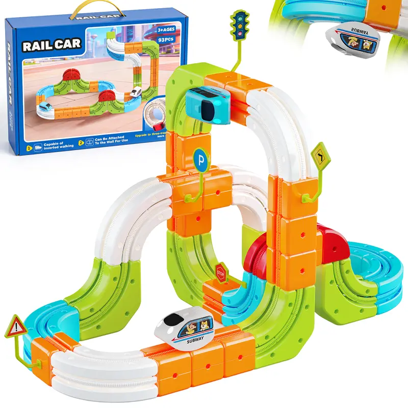 93Pcs 3D Cube Electric Train Set - Gravity-Defying Motorized Race Track, DIY Rail Block Kit, STEM Educational Toy Gift for Kids Ages 3+ (Master Set + 2 Cars)