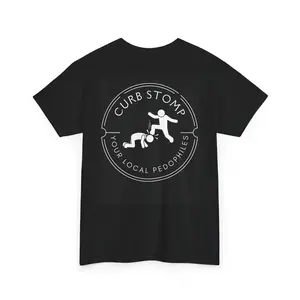 Men's Retro Oversized Curb Stomp Badge Drape T-Shirt, Anti-Pedophile Statement Apparel