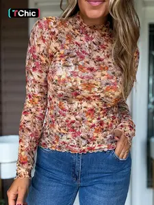 Elegant Floral Print Mesh Long Sleeve Top, Spring & Fall Fashion, Slim Fit Round Neck, Women's Casual Wear, All Seasons
