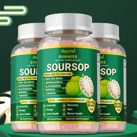 Buporai Soursop Gummies Vitamins Supplements - 60-Gummy Pack Herbal Blend with Irish Sea Moss, Ashwagandha, Black Seed Oil, Moringa, Turmeric for Joint & Skin Health