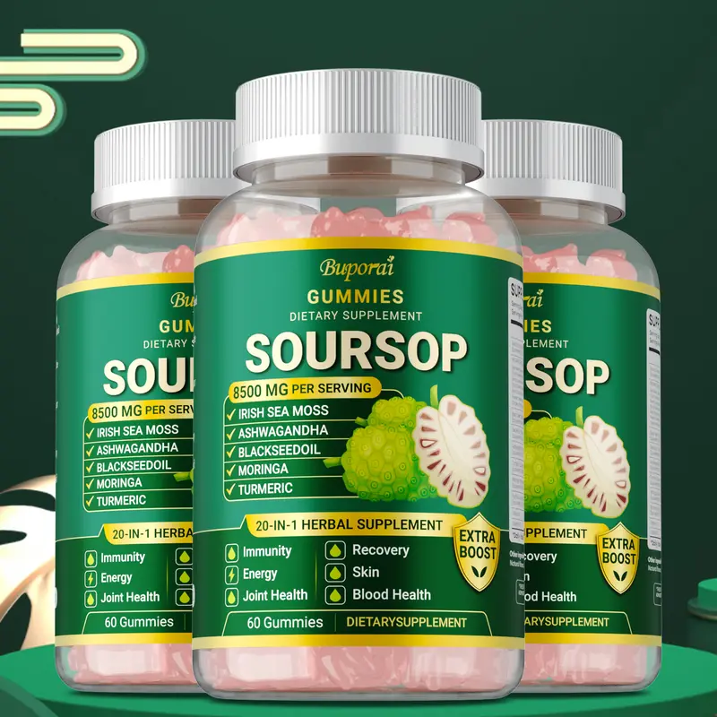 Buporai Soursop Gummies Vitamins Supplements - 60-Gummy Pack Herbal Blend with Irish Sea Moss, Ashwagandha, Black Seed Oil, Moringa, Turmeric for Joint & Skin Health