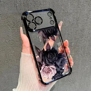 Mystic Rose Garden Pattern Four Corner Anti-Fall Phone Case Transparent Electroplated Protective Cover for iPhone 17 16 Pro Max 15 Plus 14 13 12 11 17Air iPhone case