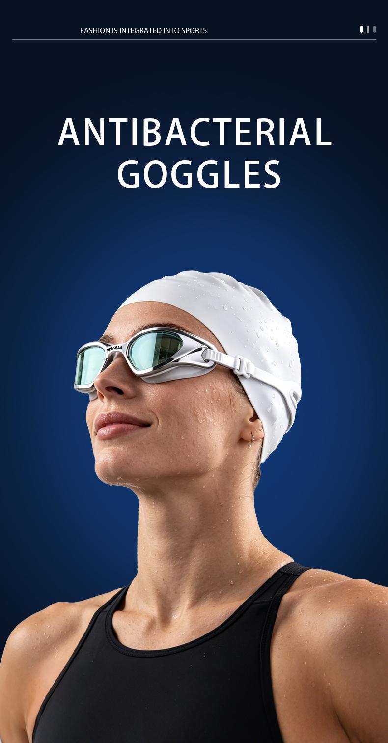 WHALE Adult Swimming Goggles, Polycarbonate Anti-Fog Lenses, Water-Film Coating, Wide View, Soft Silicone Seal, Adjustable Nose Bridges, Adjustable Fit Goggles for Swimming
