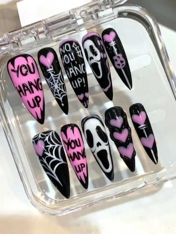 Spooky Scream Ghostface Press On Nails Almond Fake Nails Pink Black Halloween False Nails with Spider Web 3D Hearts Funny Text Y2K Emo Gothic Grunge Artificial Acrylic Nails for Women Cosplay Party Alt Manicure Set