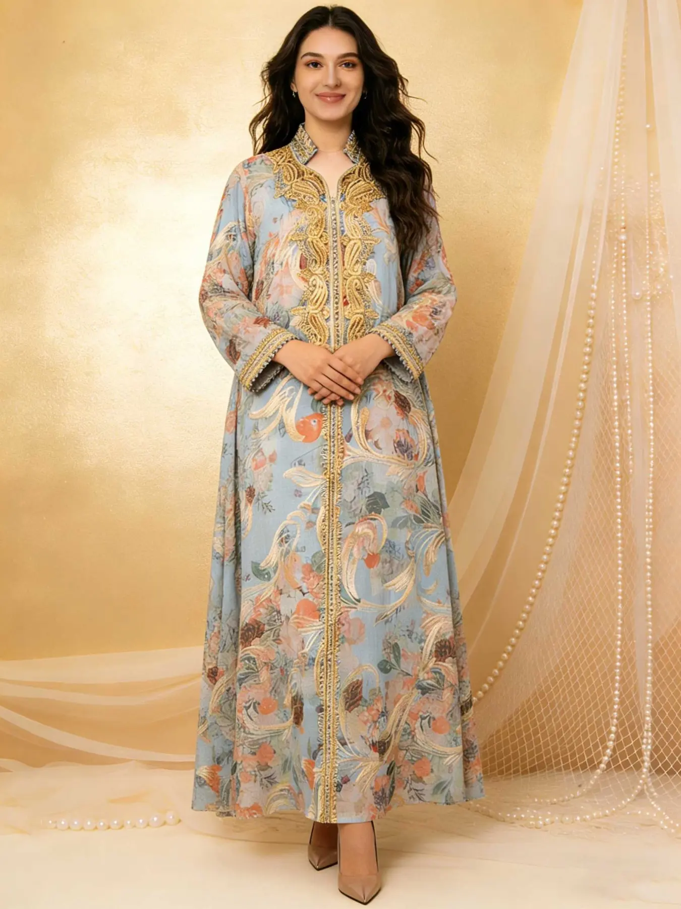Elegant Long Arabic Style Jellaba Dress, Womenswear, Lady, Stand Collar & Ruffle Design, Long Sleeve, Perfect for Spring Summer, Elegant Casual Everyday Daily Wear, Floral