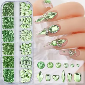 Green Nail Art Rhinestone, 3D Crystal Nail Diamond Gem, Flatback Rhinestones Multi Shapes Sizes Nail Design for Women Girls Manicure Charms Decorations, DIY Jewelry Making Craft Supplies
