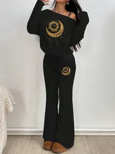 Women's Cross Waist Flare Pants with Asymmetrical Long Sleeve Fitted T-Shirt, Retro Moon and Sun Print, Adjustable Straps, Spring & Fall Casual Wear, Outfit