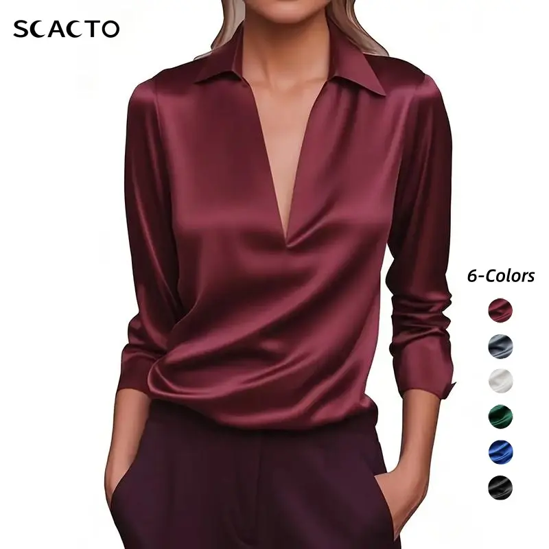 Scacto Elegant Women's V-Neck Long Sleeve Blouse With Satin Sheen Solid Color Formal Shirt For Spring Fall