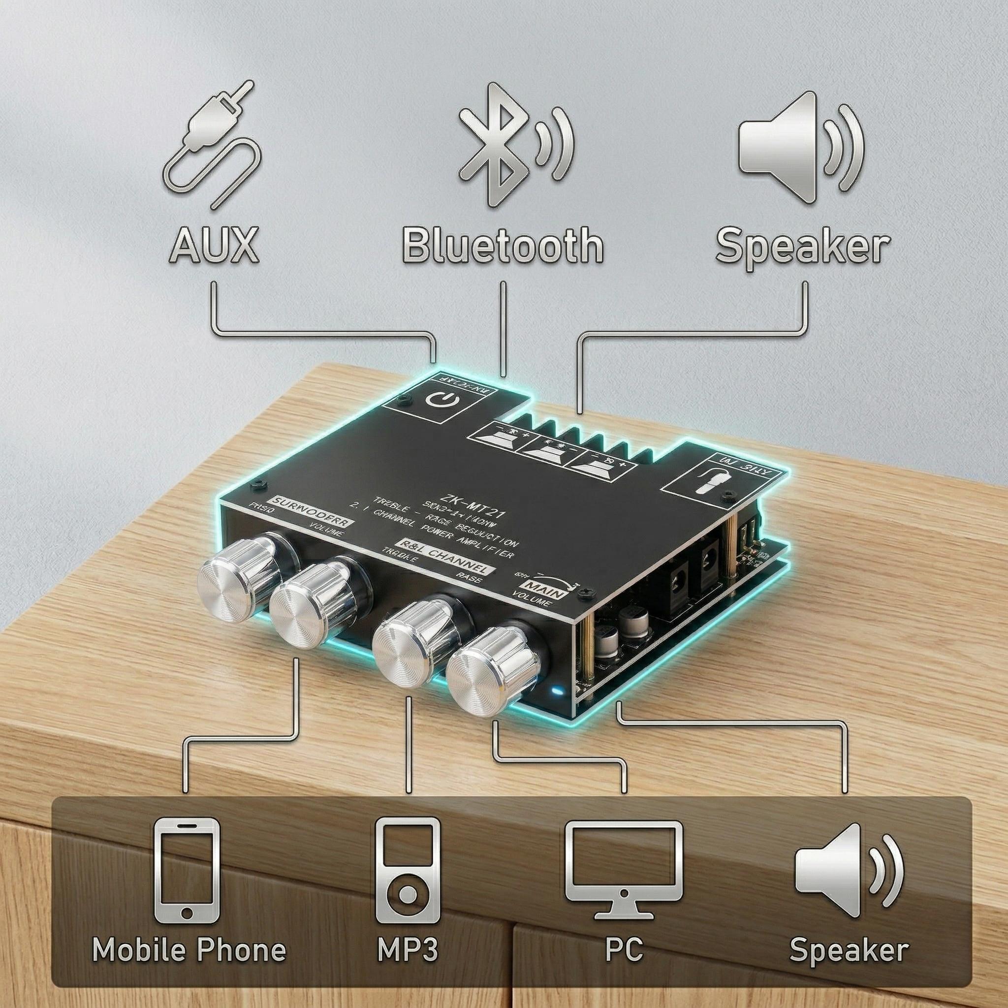 ZK-MT21 Bluetooth 5.0 Audio Amplifier Board 2.1 Channel 50W×2+100W Mini Subwoofer Power Amp HiFi Digital Audio Amp Module for Home Speakers 20-100W 4-8Ω DC 12-24V BT AUX Input