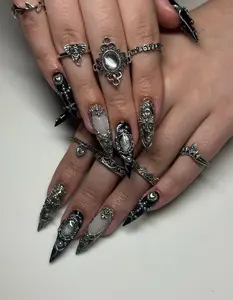 Gothic Baroque Press On Nails Black Silver 3D Cross God