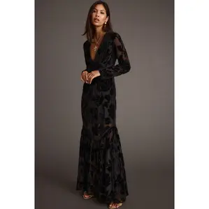 Angela Black Velvet Burnout Long Sleeve Maxi Dress
