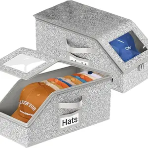 Stackable Hat Storage Box for Baseball Caps, 2 PCS Hat Storage Boxes for Closet, Holds up to 24 Caps with Cardboard, Hat Organizer for Women & Men (Grey) cap storage box