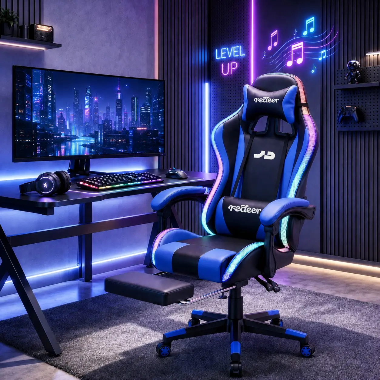SonicMOO Gaming Chair with RGB LED Lights, Footrest, Lumbar Support & Headrest - High Back Reclining Swivel Computer Chair canopy