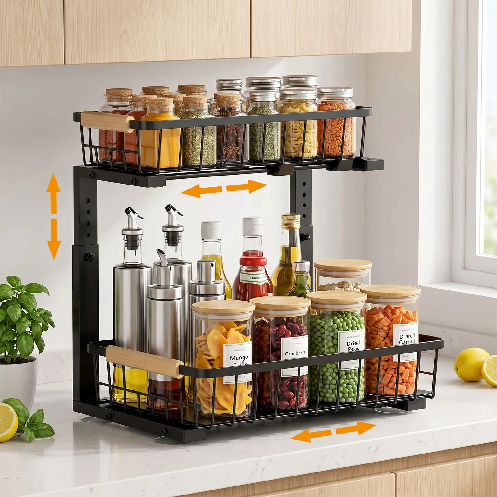 LOVEWE Adjustable 2-Tier Kitchen Spice Rack Organizer, Space-Saving Storage Solution for Bottles & Jars, Black Home Organizer