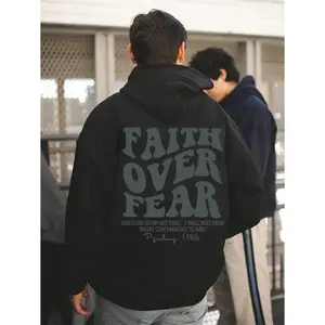 Men's Faith Over Fear Graphic Graphic Hoodie - Cotton Blend Black Long Sleeve Pullover Regular Fit | Soft & Breathable Fabric, Durable Print, Everyday Comfort, Machine Washable, casual urban outdoor commuting