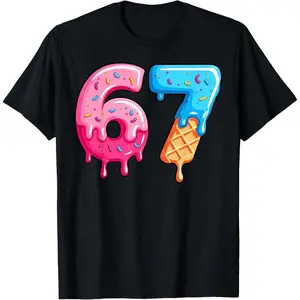 Six Seven Ice Cream Drip Cool Meme 67 Funny Number T-Shirt for Men Women and Kids, 100% Cotton Black Short Sleeve Shirts, Unisex Casual White Crew Neck Tee, Machine Washable