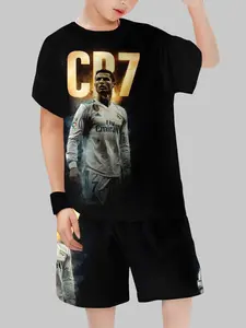 Starry Gold Attractive C Ronaldo Cr7 Short Sleeve Set, Boys' Summer Cool Two-Piece, Casual Fitted Cartoon Pattern
