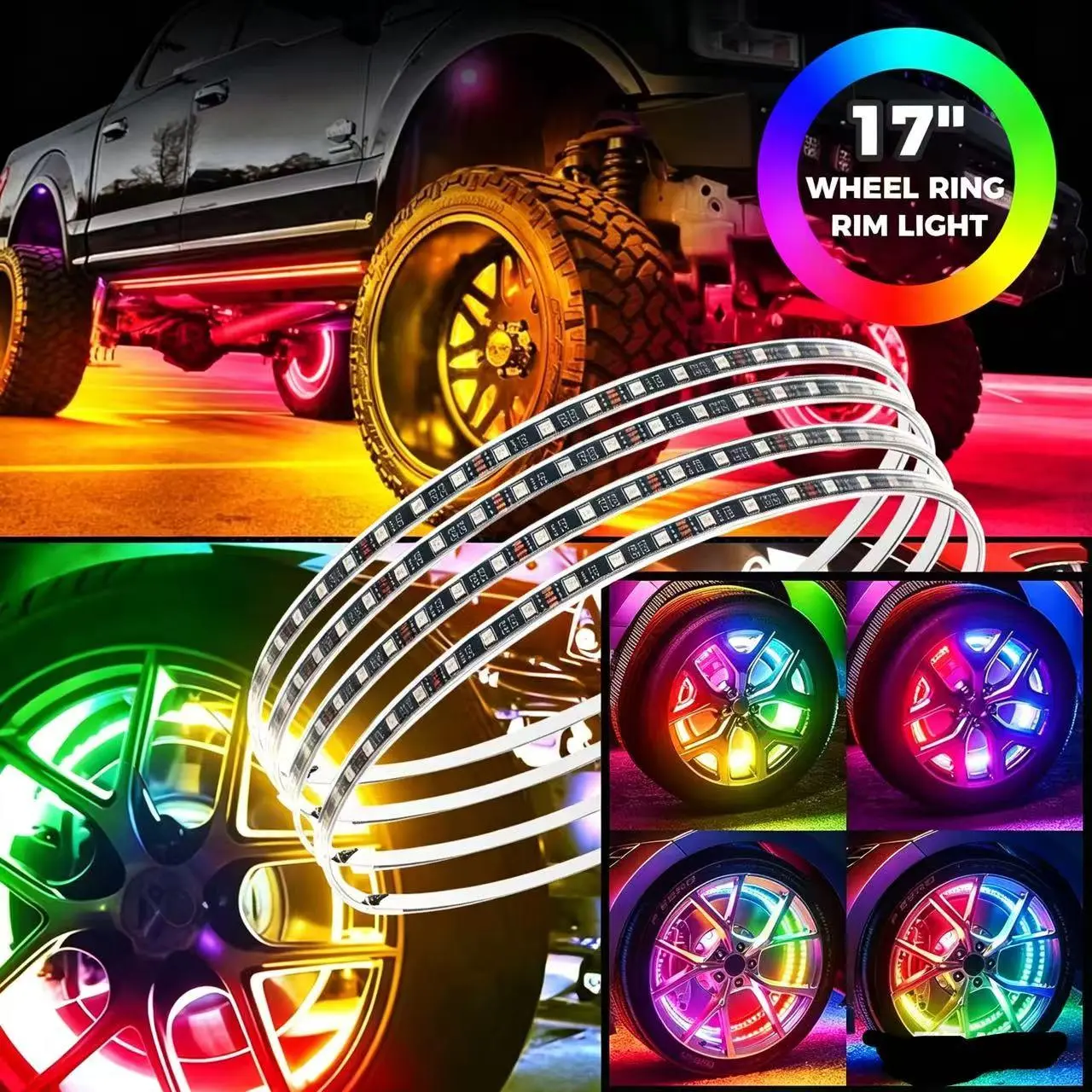 RGB LED Wheel Ring Light for Cars - 15-Inch Rims, APP & Remote Control, 23 Dynamic Modes, Music Sync, Waterproof, Shockproof, Dustproof, App Control, Universal Fit, Easy Installation, Car Accessory & Decor for Trucks SUVs