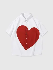 Unisex's Heart Print Short Sleeve Collared Shirt, Button Front Shirt, Loose Casual Comfy Top for Daily Wear, Unisex's Clothes for All Seasons, Button Up Top, Casual Loose Fit