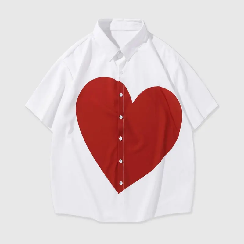 Unisex's Heart Print Short Sleeve Collared Shirt, Button Front Shirt, Button Down Shirts, Casual Fashion Shirt, Loose Casual Comfy Top for Daily Wear, Unisex's Clothes for All Seasons, Button Up Top, Casual Loose Fit