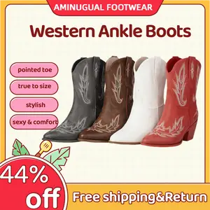 Womens Fashion Pointy Toe Block Heel Embroidery Western Ankle Boots Shoes