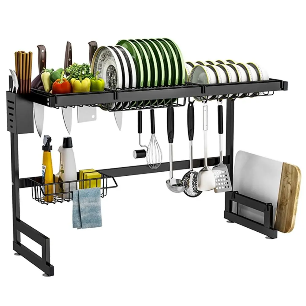 Stainless Steel 2-Tier Over-the-Sink Dish Drying Rack, Hangable Kitchen Storage Shelf, Space-Saving Black Organiser with Mounting Compatibility