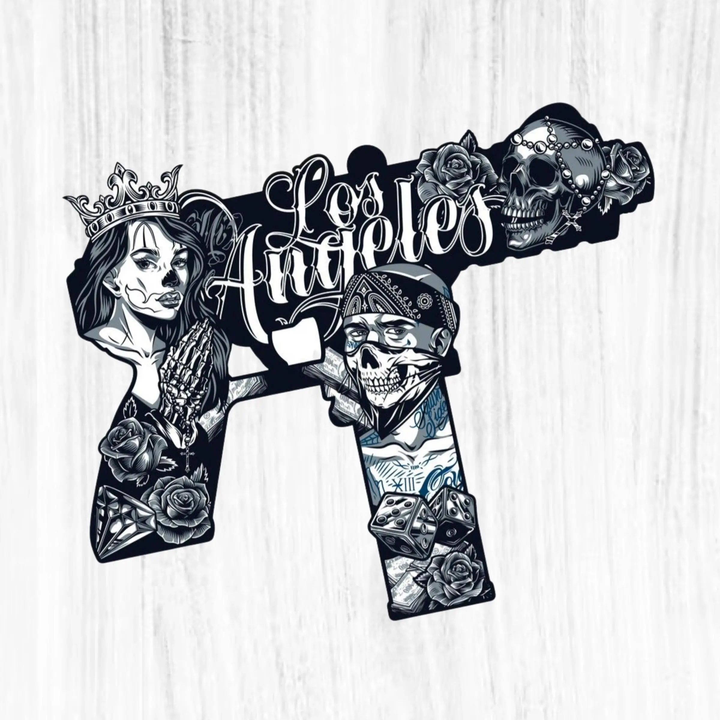 Los Angeles Gangster Aesthetic Gun Shape Sticker, Sugar Skull Rose Vinyl Decal, Edgy Streetwear Laptop & Water Bottle Graphic