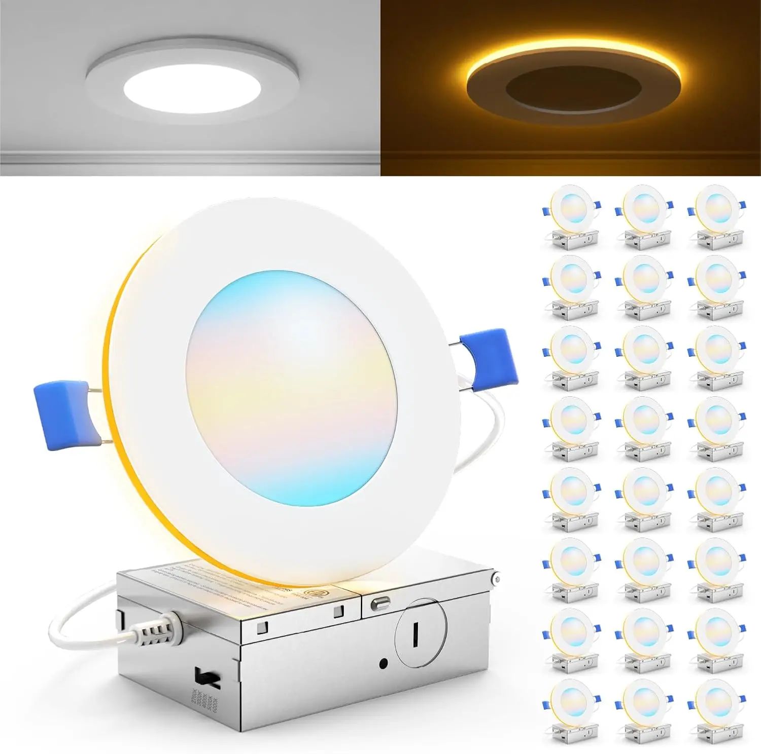 24 Pack 4 Inch LED Recessed Lights with Night Light, Slim Ceiling Lighting, 900 LM, 11W (110W Equiv), Selectable CCT 2700K/3000K/3500K/4000K/5000K, Dimmable, Canless with Junction Box ETL furne ture hallway porch patio ect tiktokshopblackfriday tiktokshop