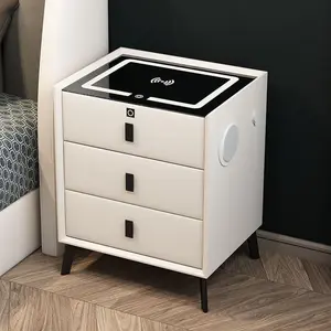 Smart Nightstand with 3 Drawers USB Tri-Color Lights Wireless Charging Port Fingerprint Lock Bluetooth Speaker 110lbs Weight Bearing Storage Cabinet Beige White
