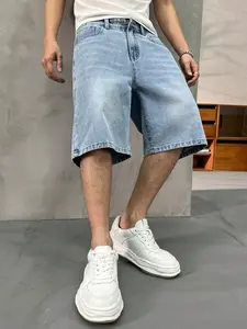 Men's Summer Loose-Fit Denim Shorts Plain, Casual Versatile Water Wash Blue Jeans, Simple Style Comfortable Fit