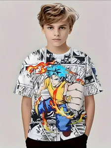 Anime Flame Print T-Shirt, Boy Cartoon Split Background Short Sleeve Top, Casual Slim-Fitting All-Season Clothing