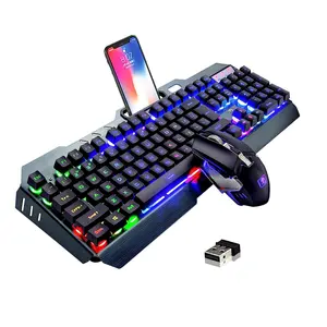 Wireless Gaming Keyboard and Mouse,Rainbow Backlit with 3800mAh Battery Metal Panel,Mechanical Feel Keyboard and 7 Color Mute Mouse for Windows