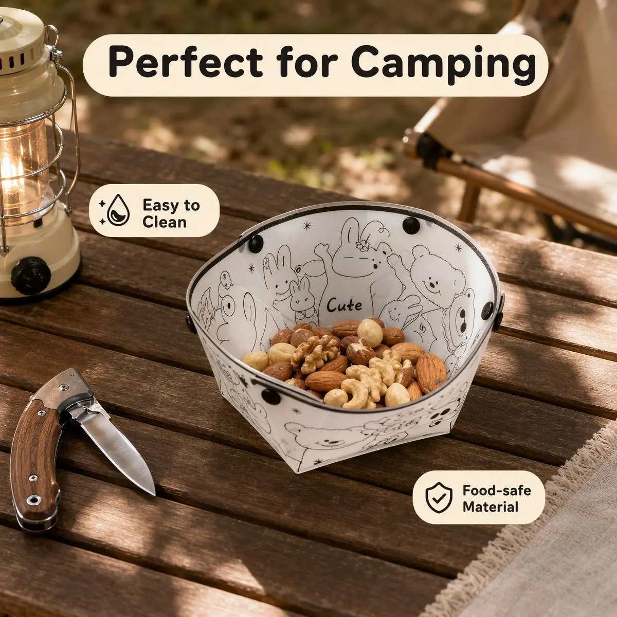 Cartoon Print Foldable Silicone Plate Set (3-Piece Multi-Size), Microwave Safe Collapsible Camping Bowl, Portable Reusable for Outdoor Meals, Fits Backpacks Picnic Hiking Gear