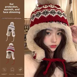 Thickened Fleece-Lined Fair Isle Knit Hat with Ear Flaps | Winter Trapper Hat for Women