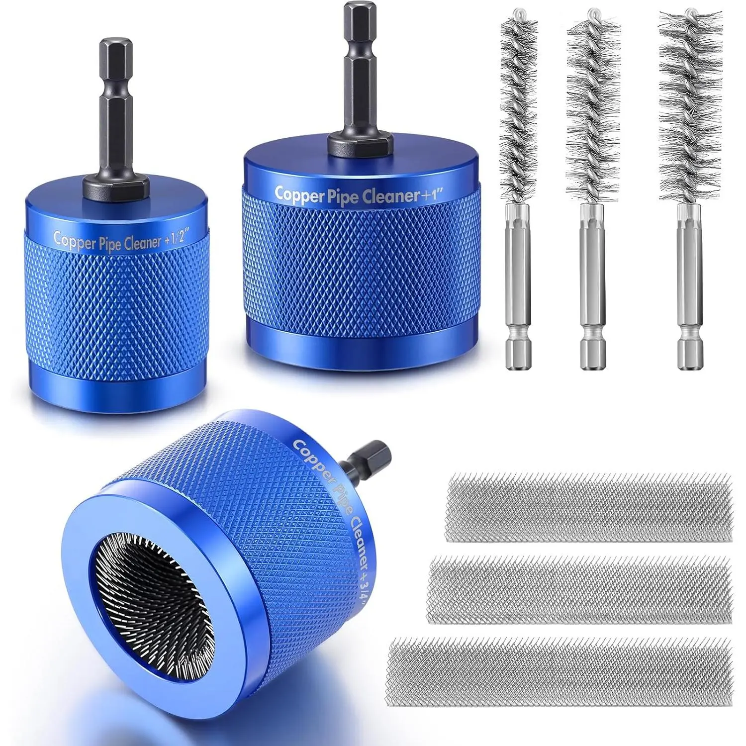 Copper Pipe Cleaner for Drill Set Includes External Stainless Steel Wire Bore Brushes, Internal Tube Cleaning Brushes, Replacement Plumbing Tools (1/2", 3/4", 1",Blue)