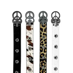Y2K Punk Rock Belt, Leopard-Cow Print Spiked Leather with Bullet Hole Peace Sign, Unique Buckle, Heavy-Duty Metal Coating Hook for Edgy Outfits, Punk Belt