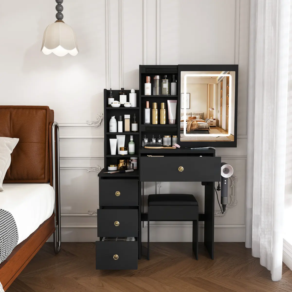 Small Black Makeup Vanity Desk with Adjustable Light Sliding Mirror, 4 Drawers, Power Outlets, Hair Dryer Holder, MDF+Glass Shelves, Cushioned Chair & Bedroom Dressing Table for Girls