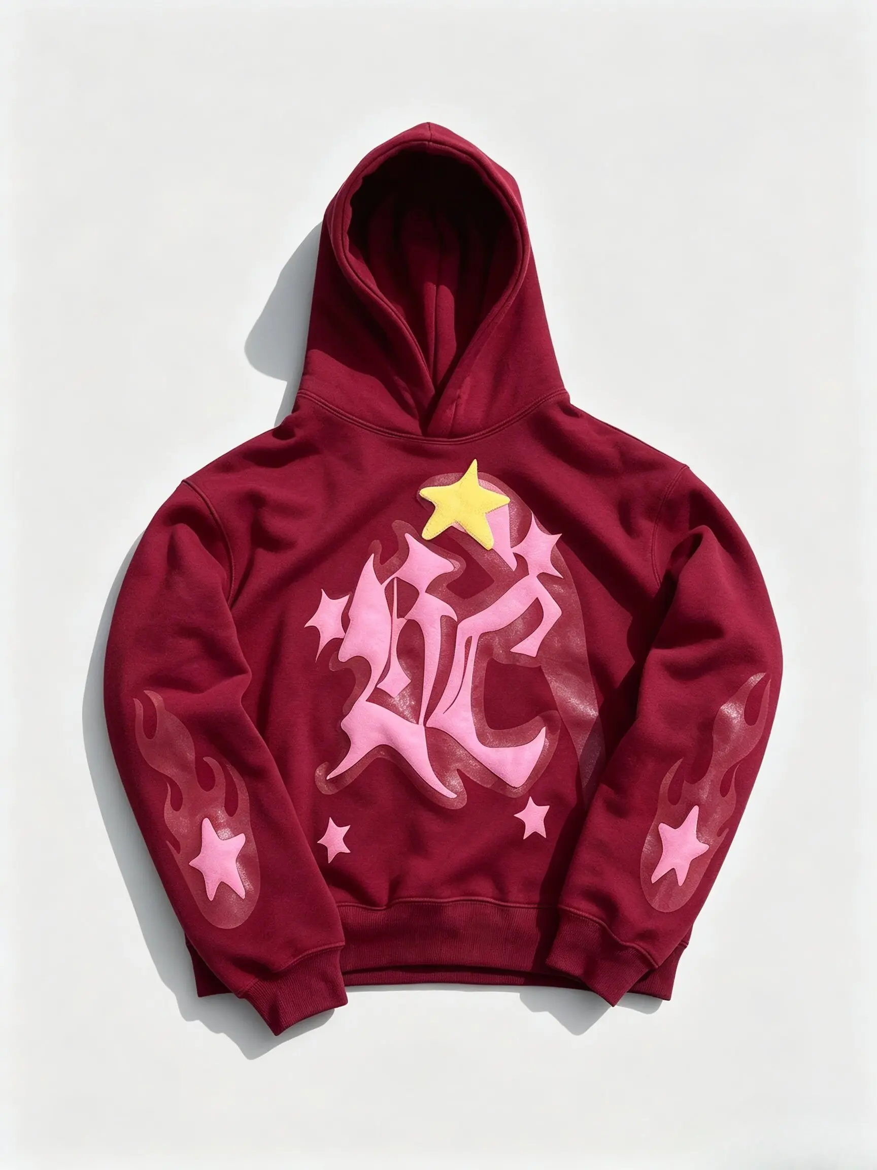 Men's Burgundy Star-Flame Gothic Letter Oversized Fleece Hoodie - Y2K Streetwear, Yellow Star Design, Couple-Compatible Sweatshirt