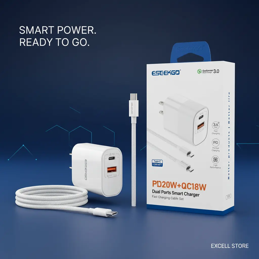 ESEEKGO T-32UC Fireproof PC Travel Adapter With 4FT Type-C To Type-C Fast Charging Cable