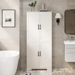 Freestanding White Wood Storage Cupboard with 4 Doors & Adjustable Shelves – Spacious 60" Tall Kitchen Pantry Cabinet – Ideal Organizer for Kitchen, Dining Room, Living Room, Bathroom