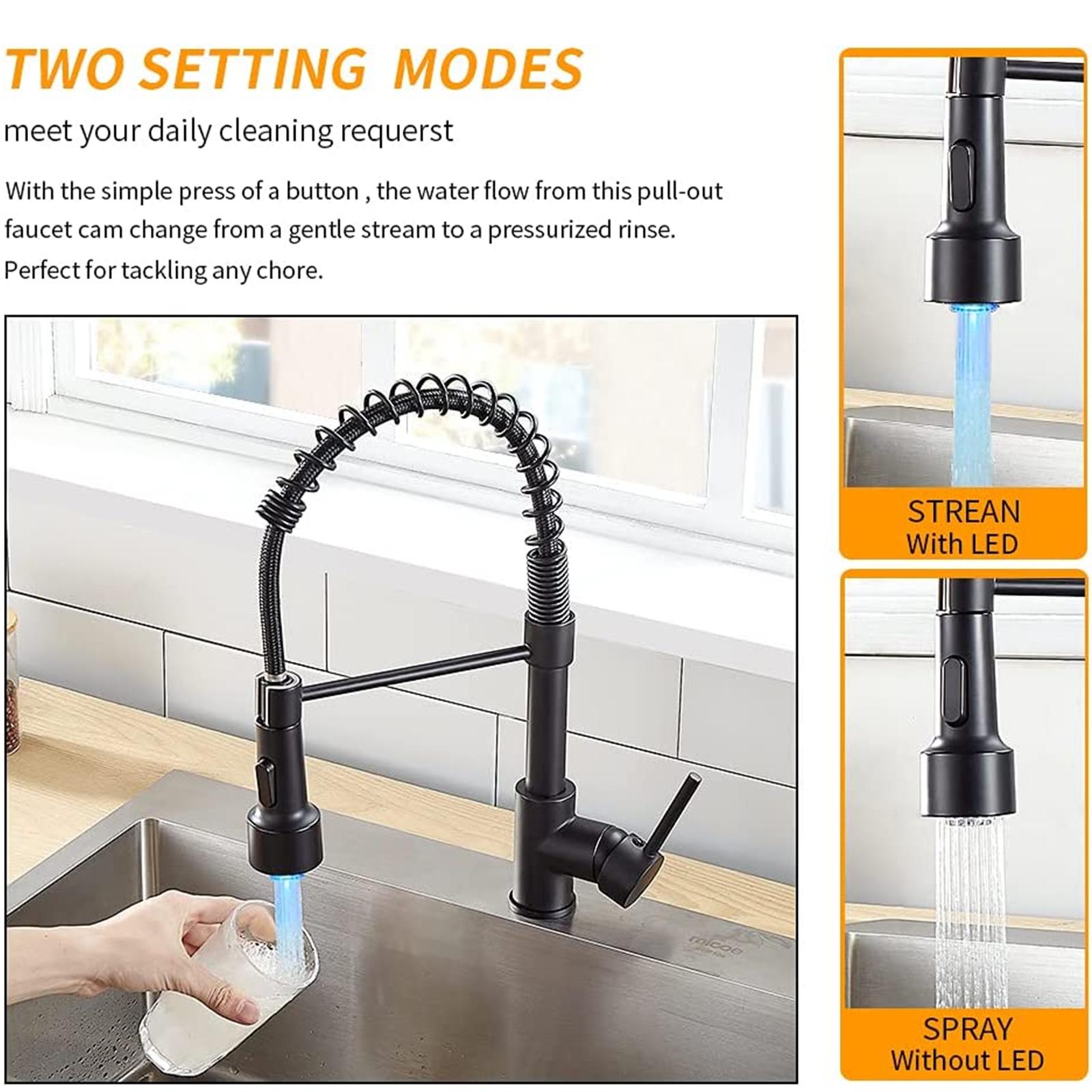 Black LED Kitchen Faucet with Pull Down Sprayer, Modern Single Handle Stainless Steel Commercial Spring Sink Faucet with LED Light for Pot Filler, Farmhouse Camper Bar Laundry Room